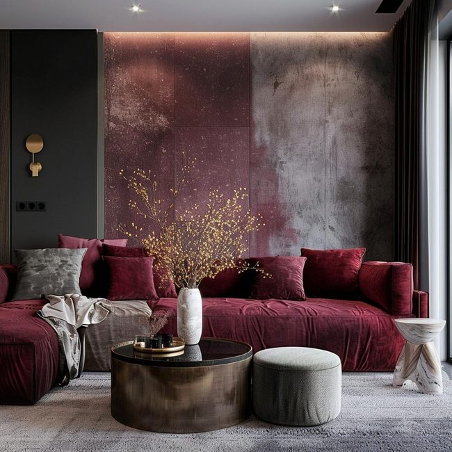 Deep Wine Leather And Velvet Accents
