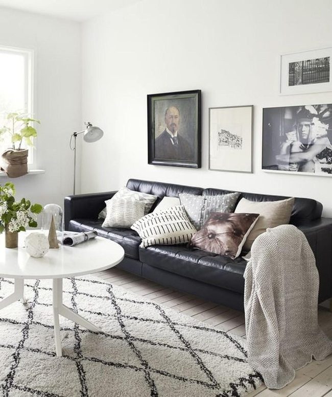 Black Leather Couch Colorful Pillows
