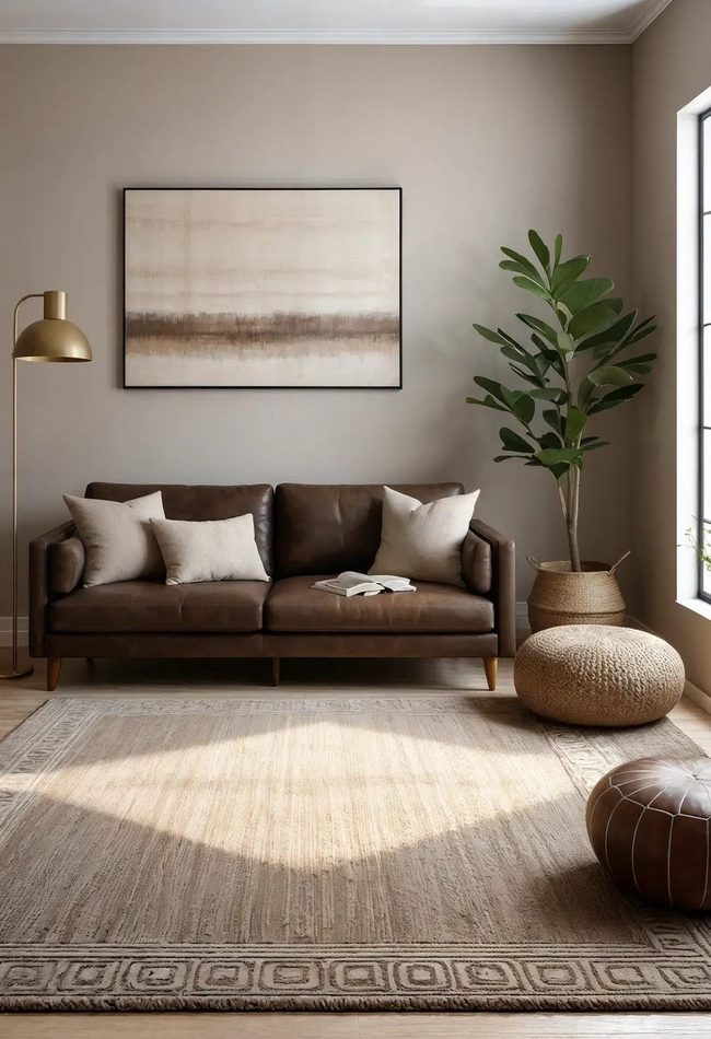Dark Brown Sofa Anchors Neutral Layers