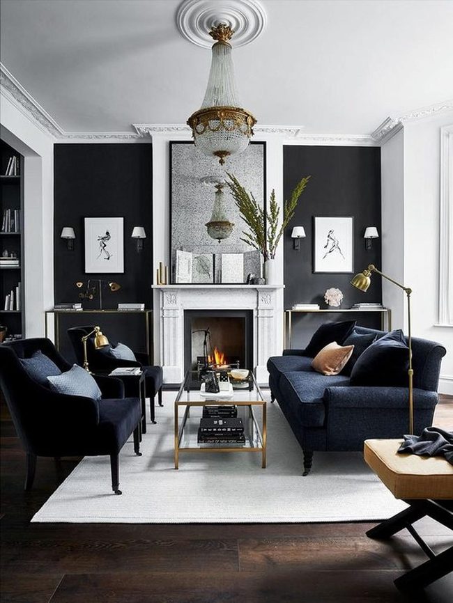 Navy Walls White Fireplace Gold Warmth