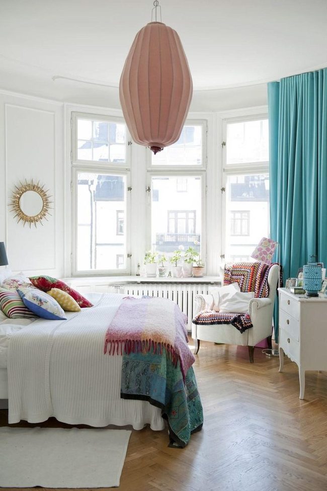 Pink Pendant Light Brightens White Bedroom