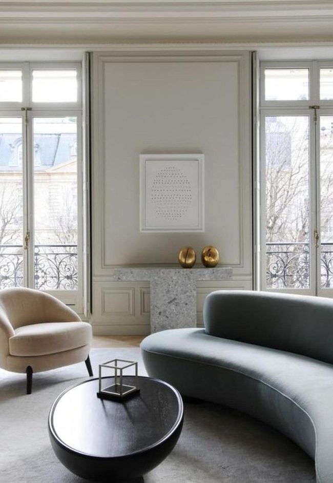 Light Gray Walls, Curved Sofa, Daylight
