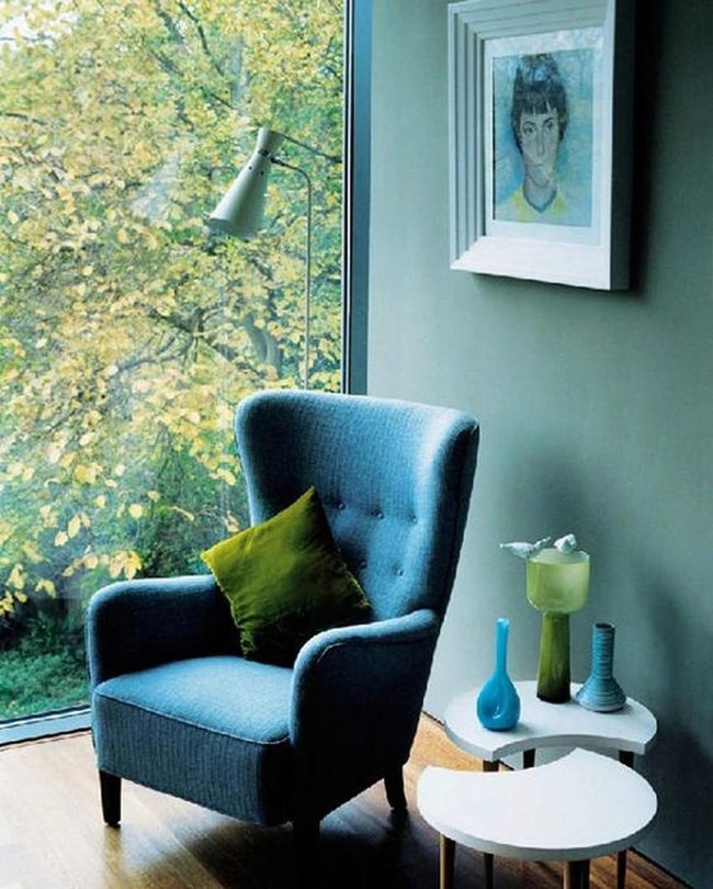 Soft Green Walls And Blue Chairs
