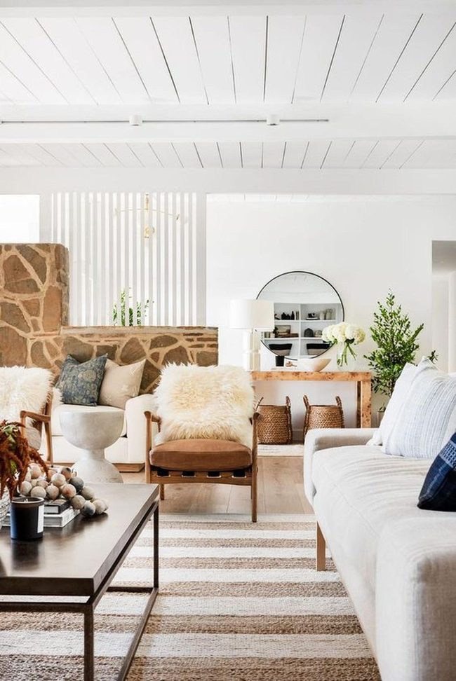 Light-Filled Stone And Wood Living Room