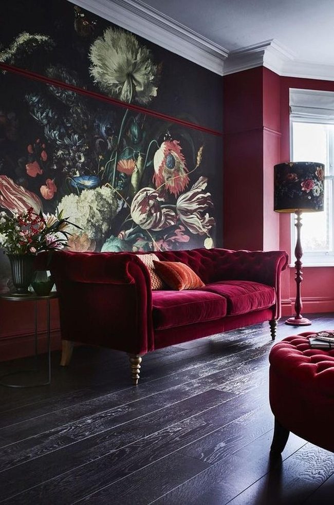 Crimson Walls With Botanical Drama