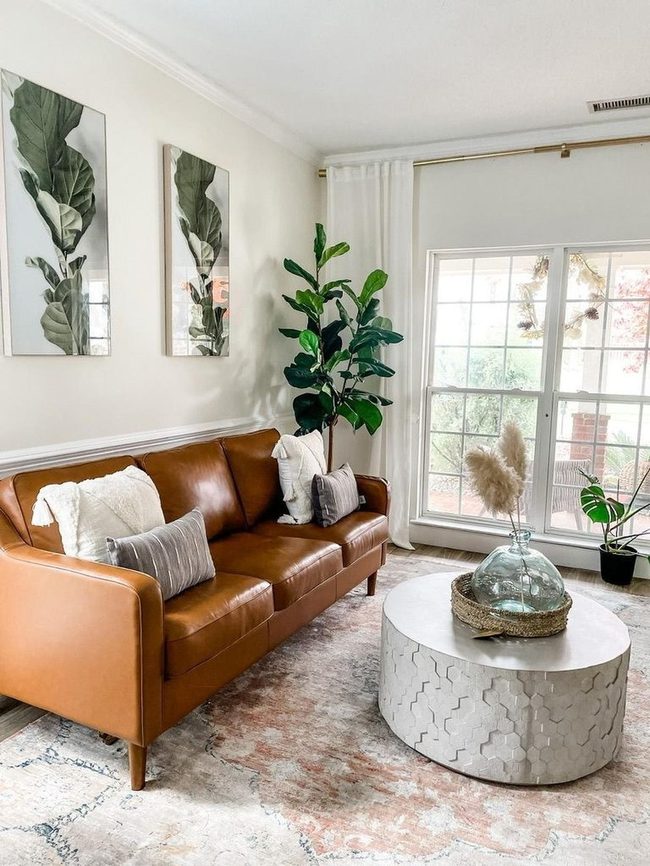 Leather Sofa, Gold Metal Accents