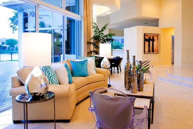 Sunlit Living Room Turquoise Accents
