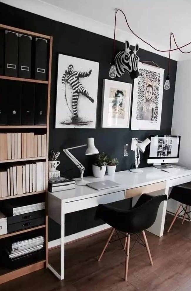 Red Pendant Lights, Black Walls, Modern Office