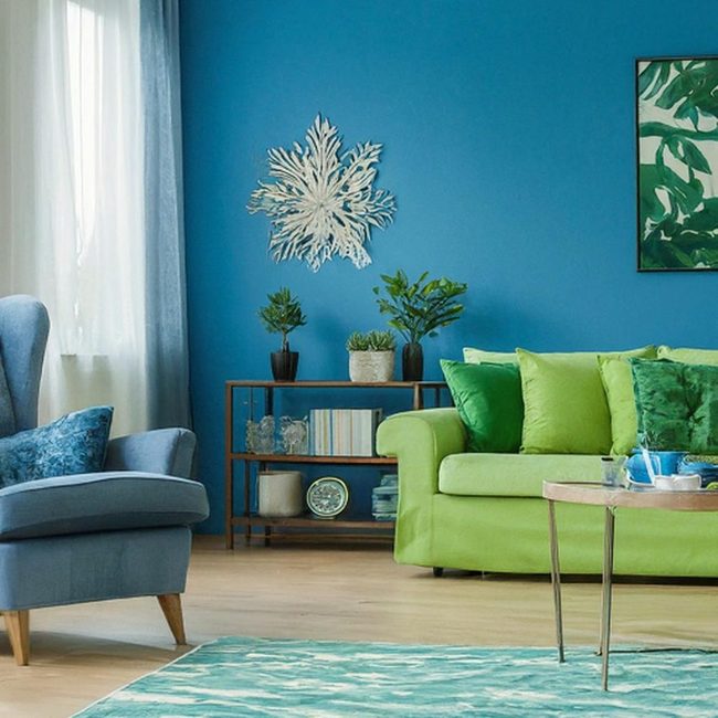 Ocean Blue Sofa With Sandy Oak Tones