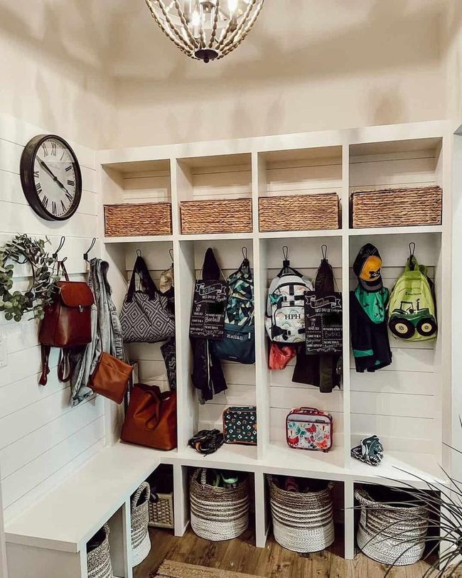 Shiplap Mudroom With Beaded Chandelier