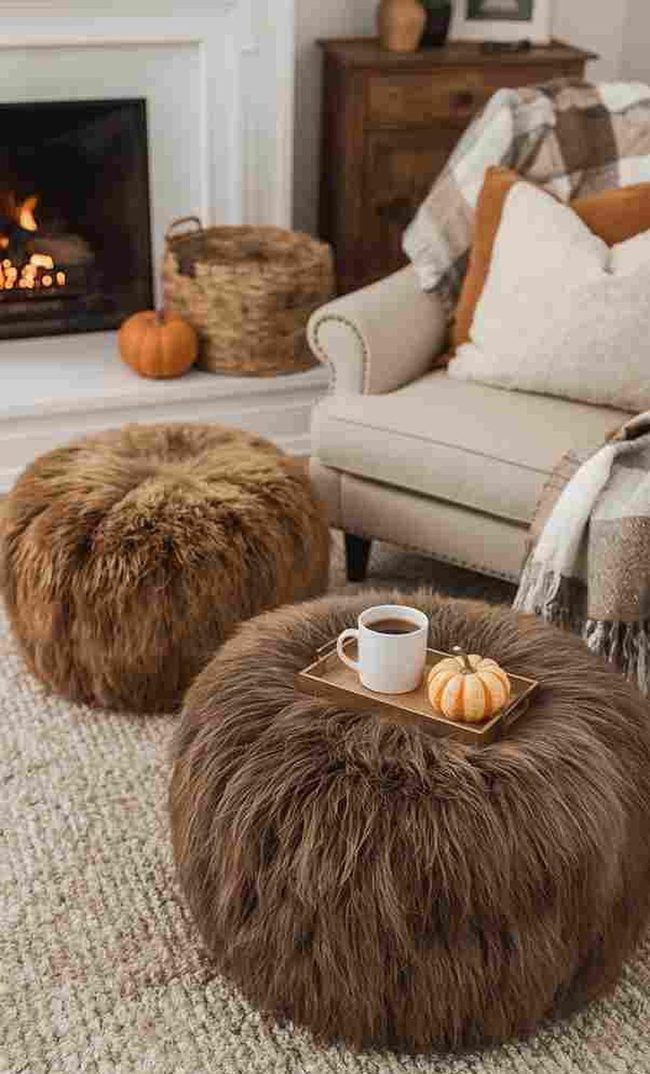 Cream Faux Fur Poufs