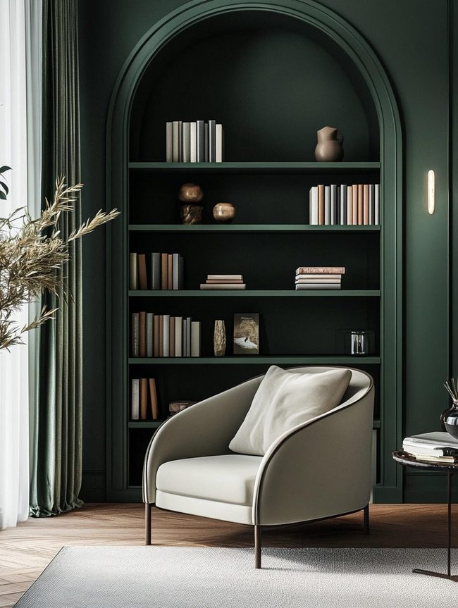 Dark Green Walls with Open Shelving
