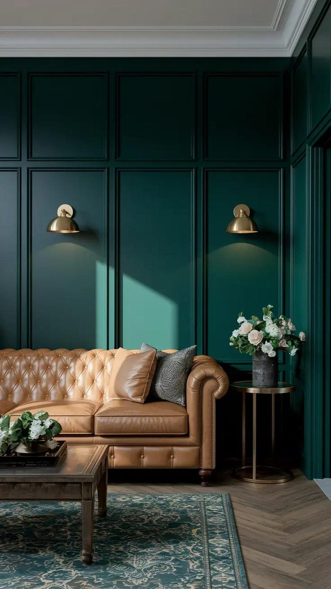 Deep Green Paneling Meets Camel Leather