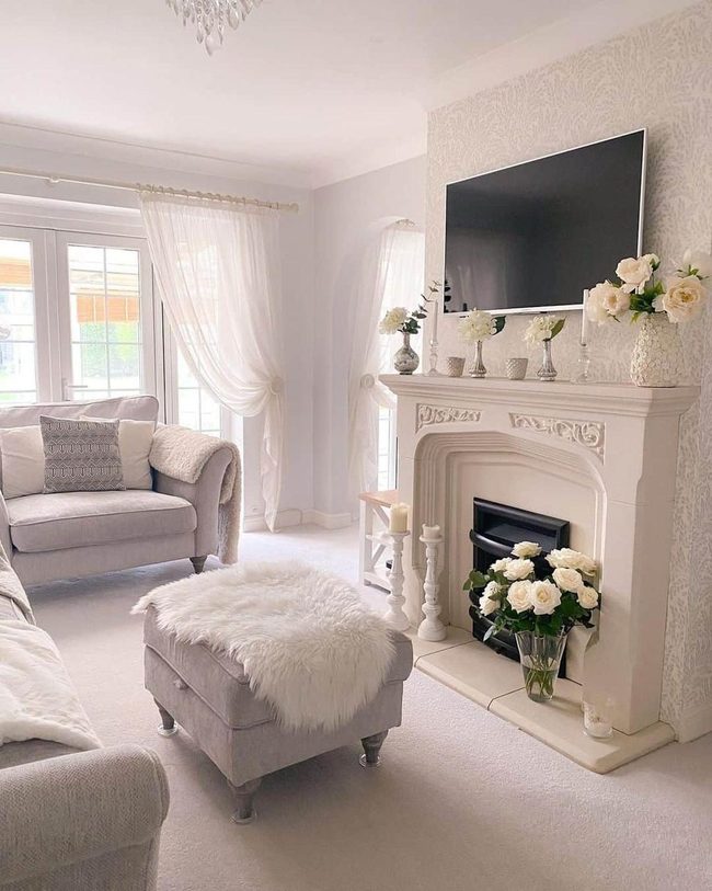 White Mantel Fresh Flowers Fireplace