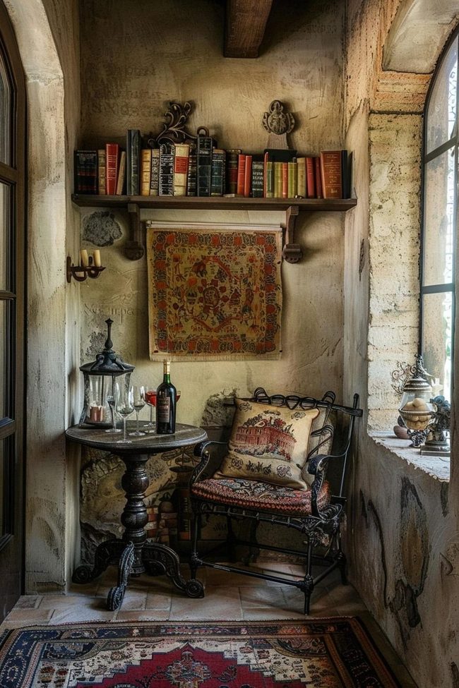 Tuscan Reading Corner with Antique Tapestries