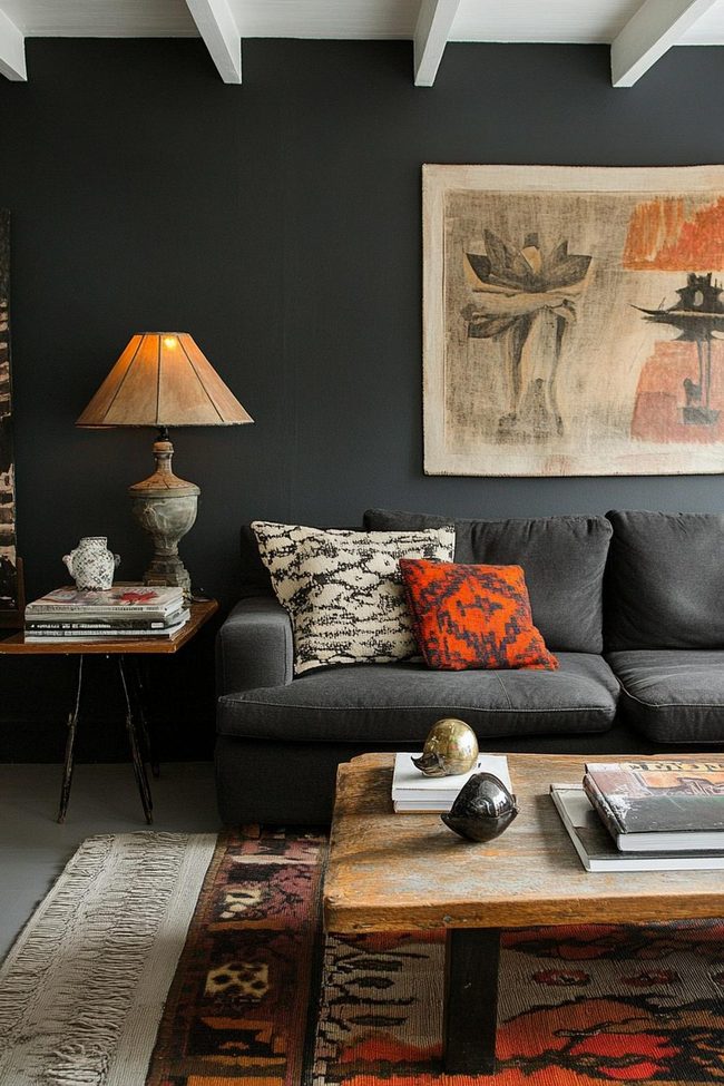 Dark Gray Sofa With Vintage Treasures