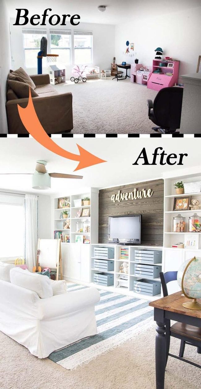 Wall-To-Wall Shelving With Built-In Tv