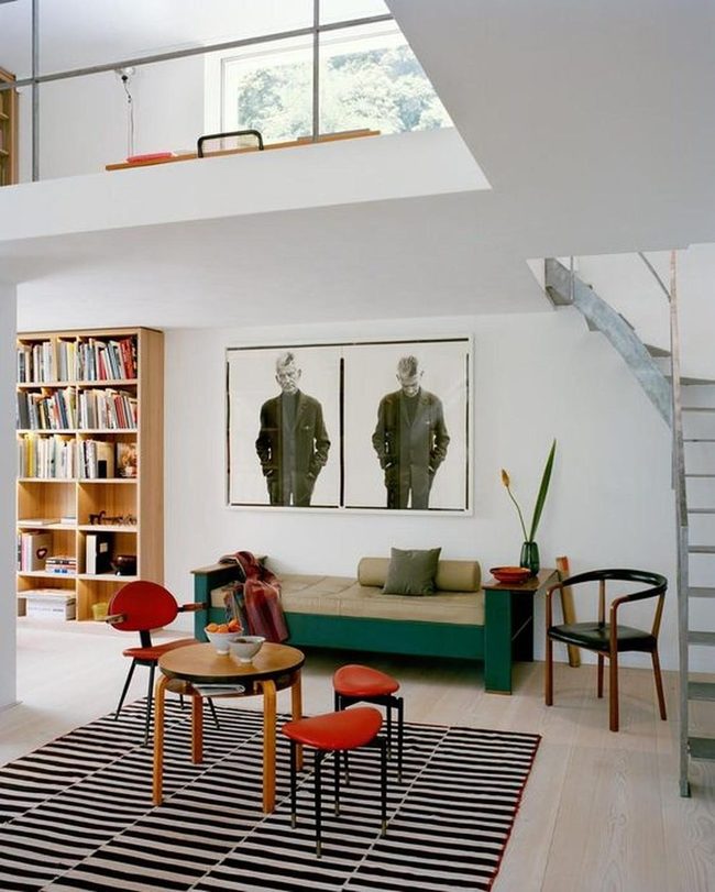 Red Chairs, Black Stripes, Industrial Stairs