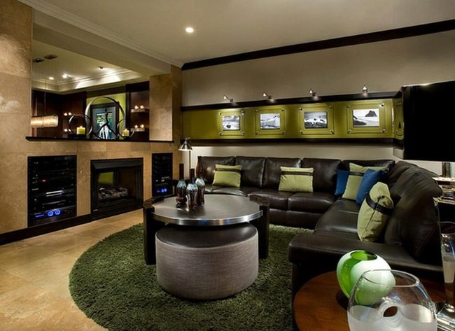 Deep Brown Sofa With Green Pops