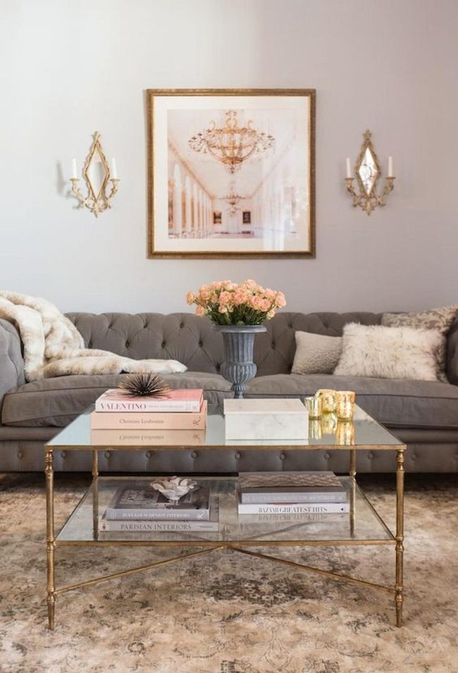 Gray Plush Sofa With Golden Accents