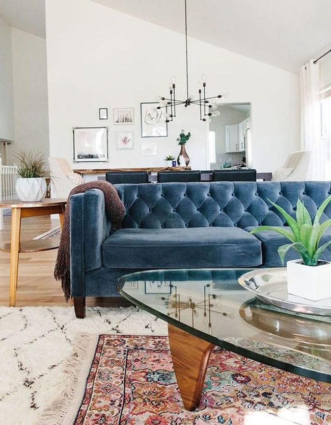 Blue Velvet Button Tufted Sofa