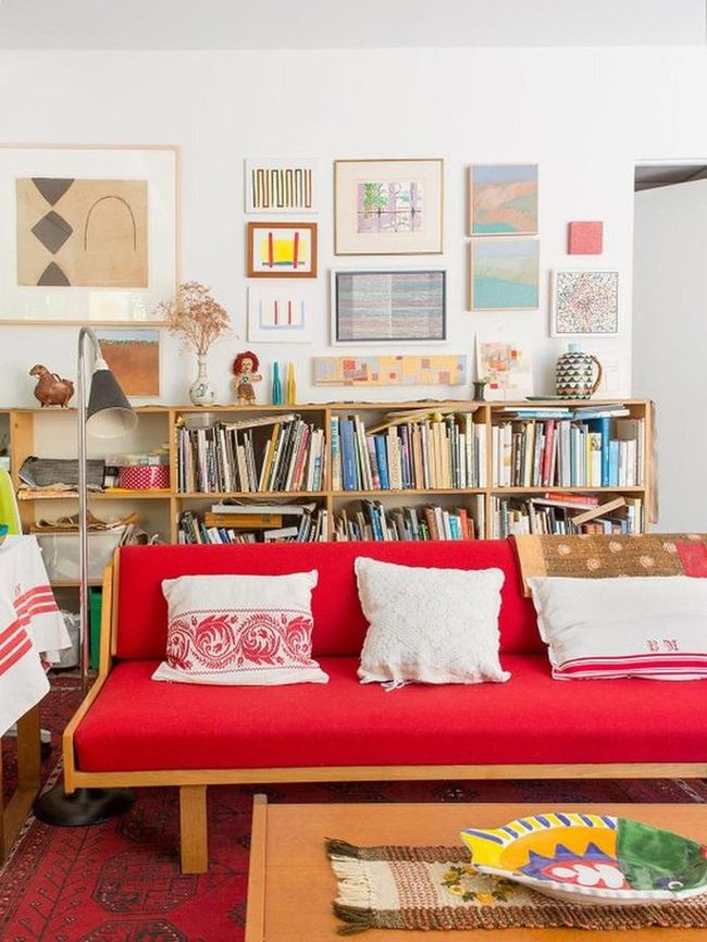 Red Couches Frame Wooden Book Walls