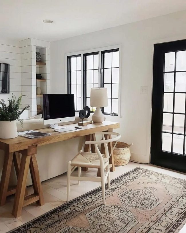 Sunlit Workspace With Wood And Woven Details
