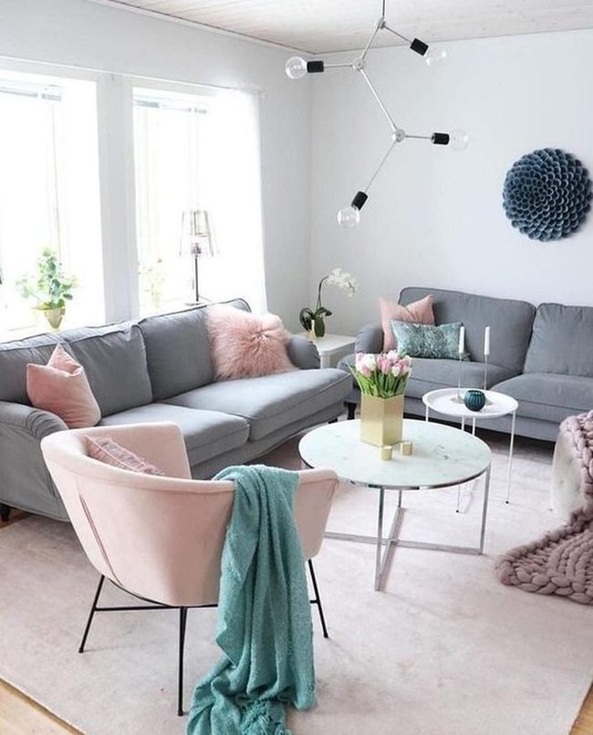 Gray Sofas Pink Pillows Marble Table