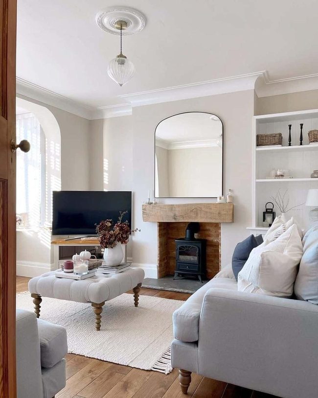 Soft Gray Sofas, Fireplace Warmth