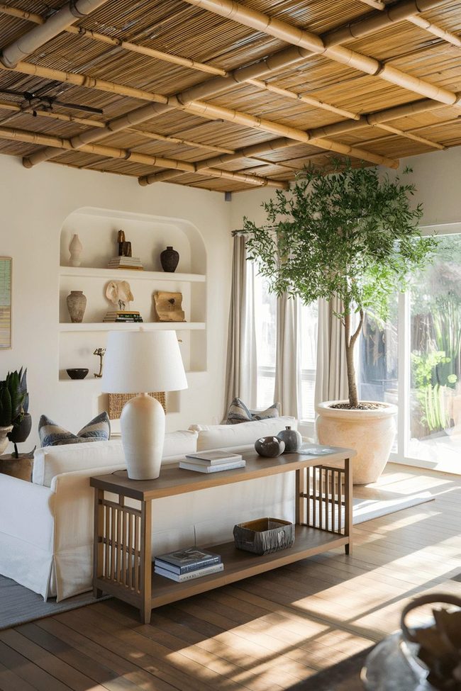 Neutral Bamboo Ceiling With Airy White Interior