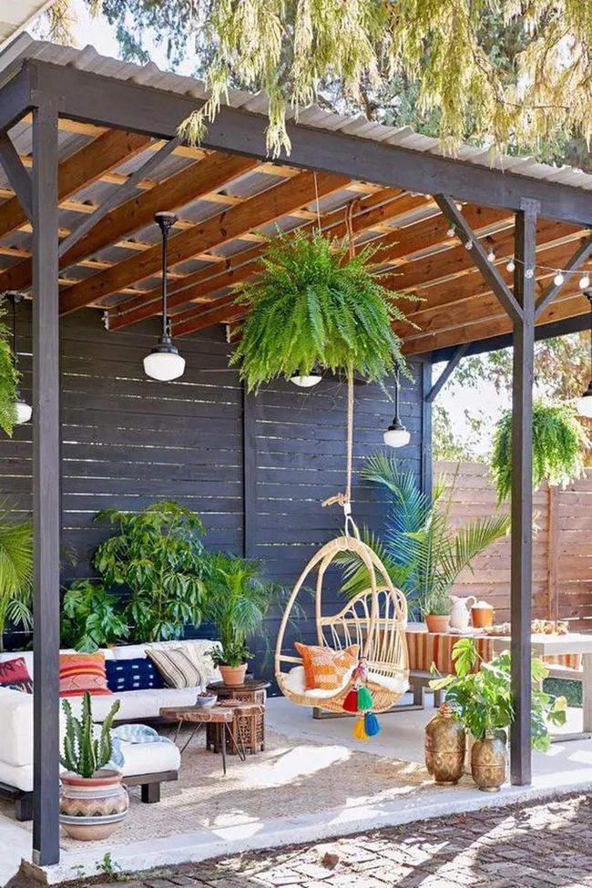 Wooden Beams, Hanging Chairs, Green Plants