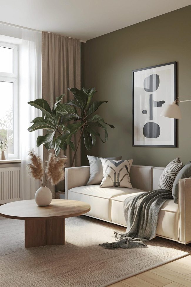 Deep Green Walls With Neutral Sofa Contrast