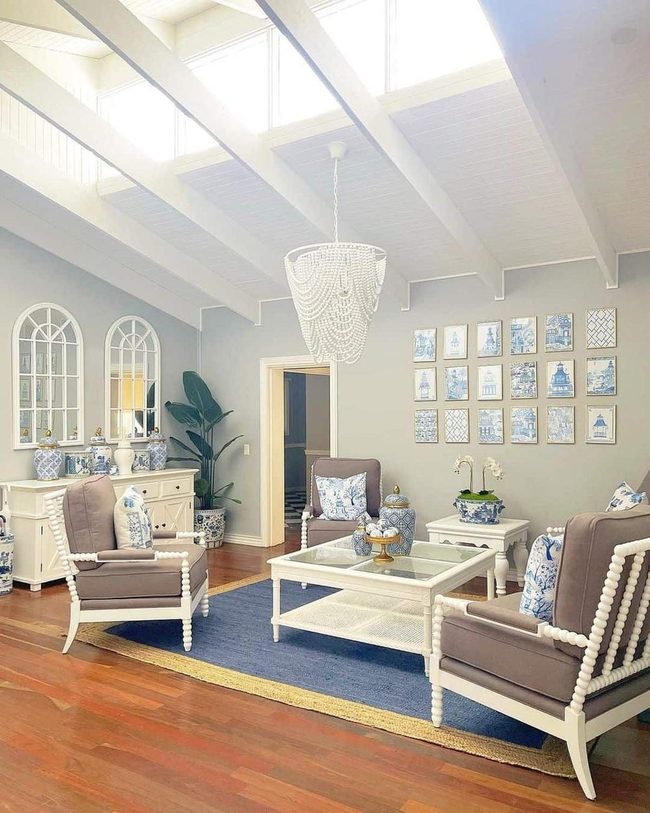 Crystalline Chandelier Above Navy Rug