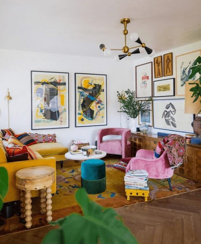 Bright Yellow Sofa With Pink Chairs