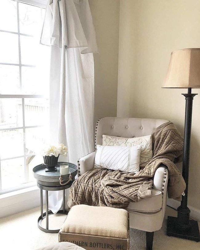 Beige Tufted Chair Reading Corner