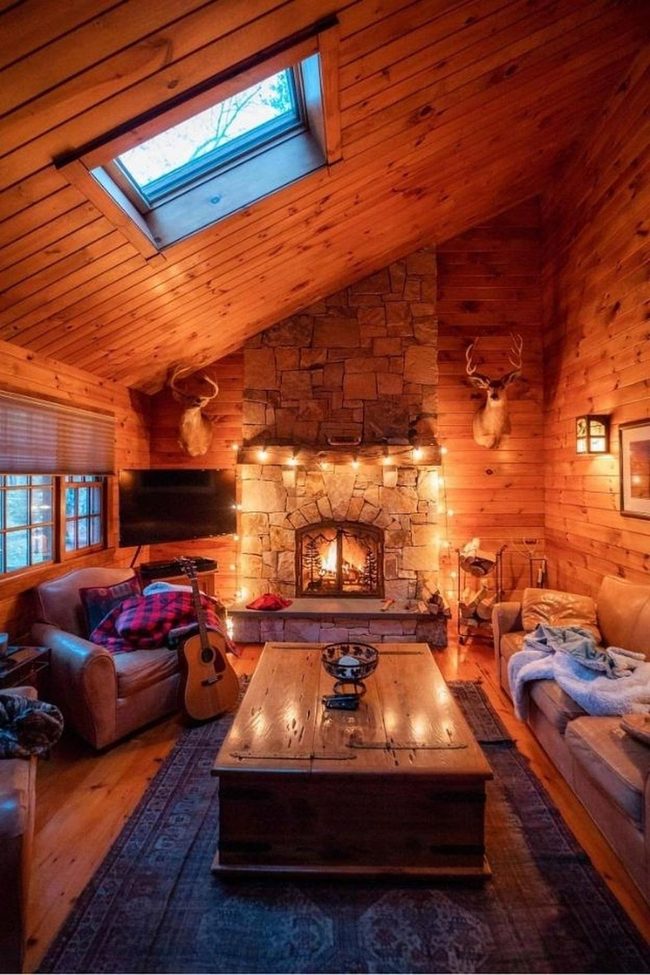 Snowy Cabin Interior With Warm Glow