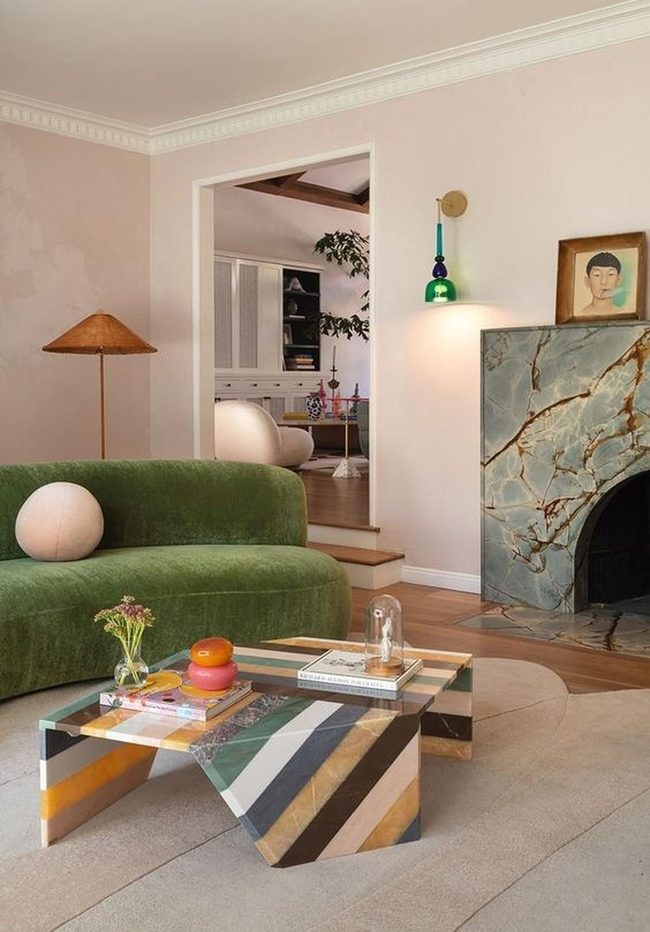 Green Velvet Sofa With Golden Marble