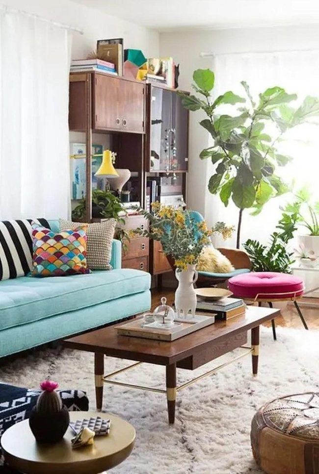 Turquoise Sofa Meets Mid-Century Wood