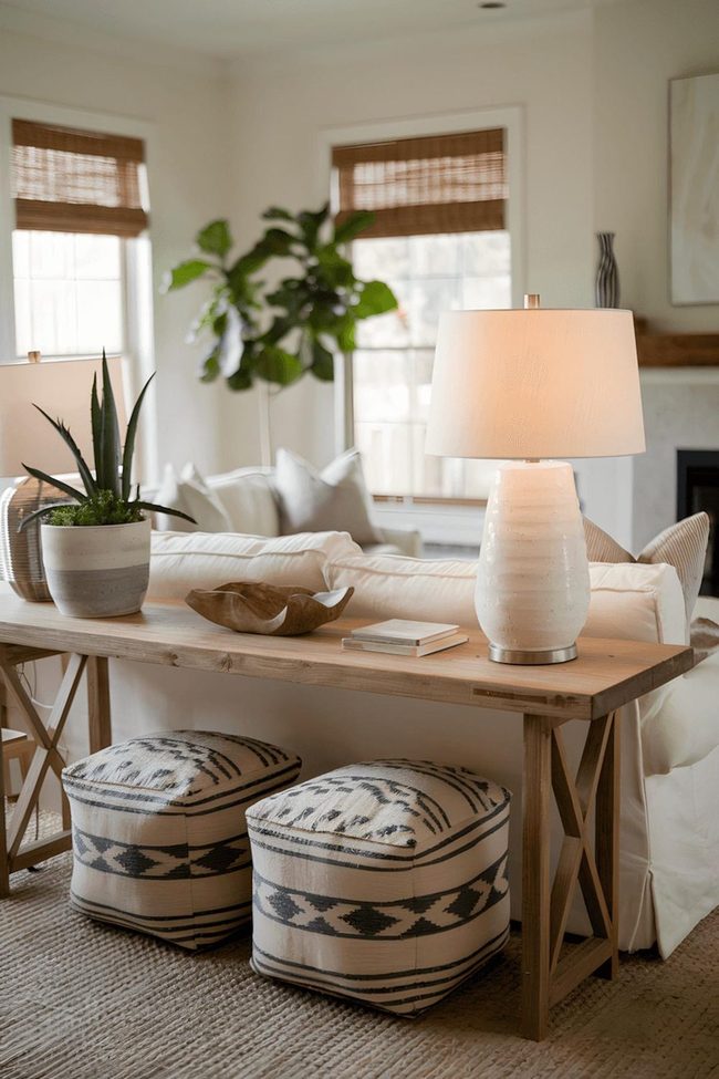 Natural Wood Console Anchors Neutral Living Room