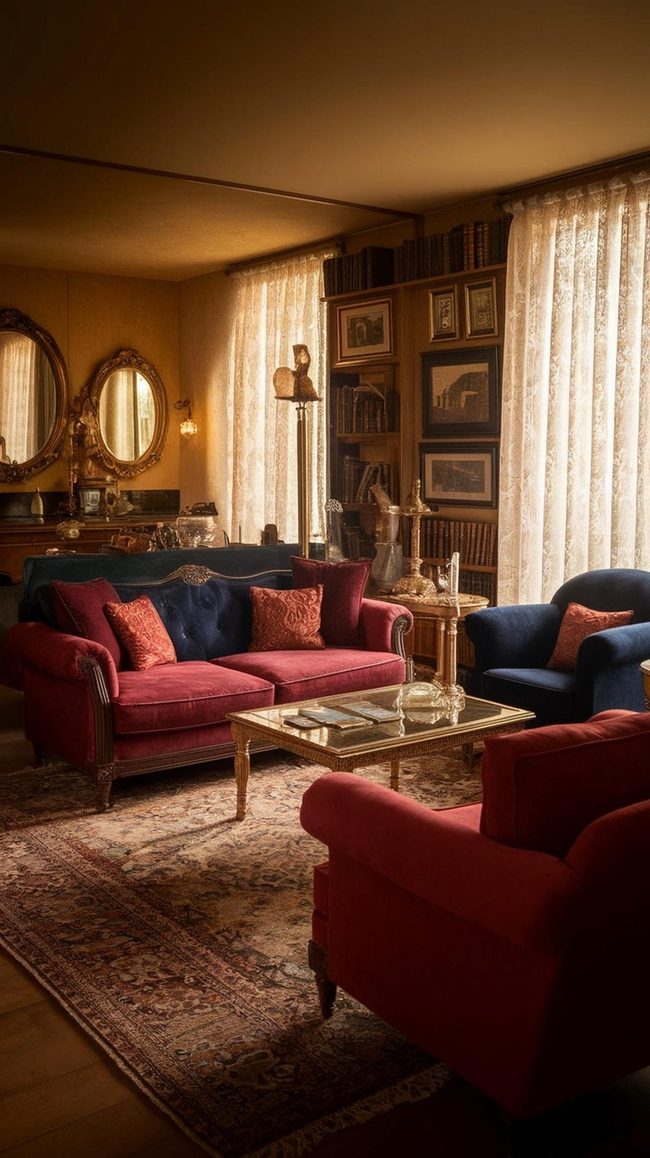 Burgundy And Navy Vintage Living Room