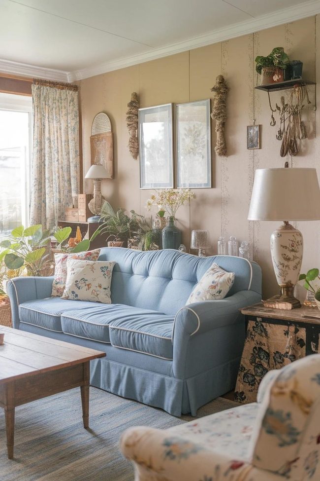 Blue Couch With Floral Vintage Touches