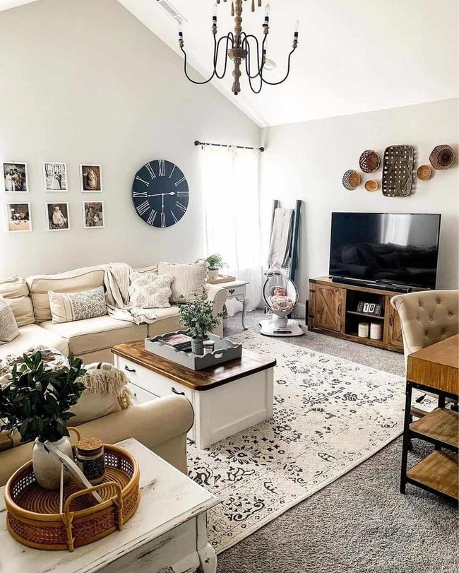 White Wood Table, Black Rug Statement