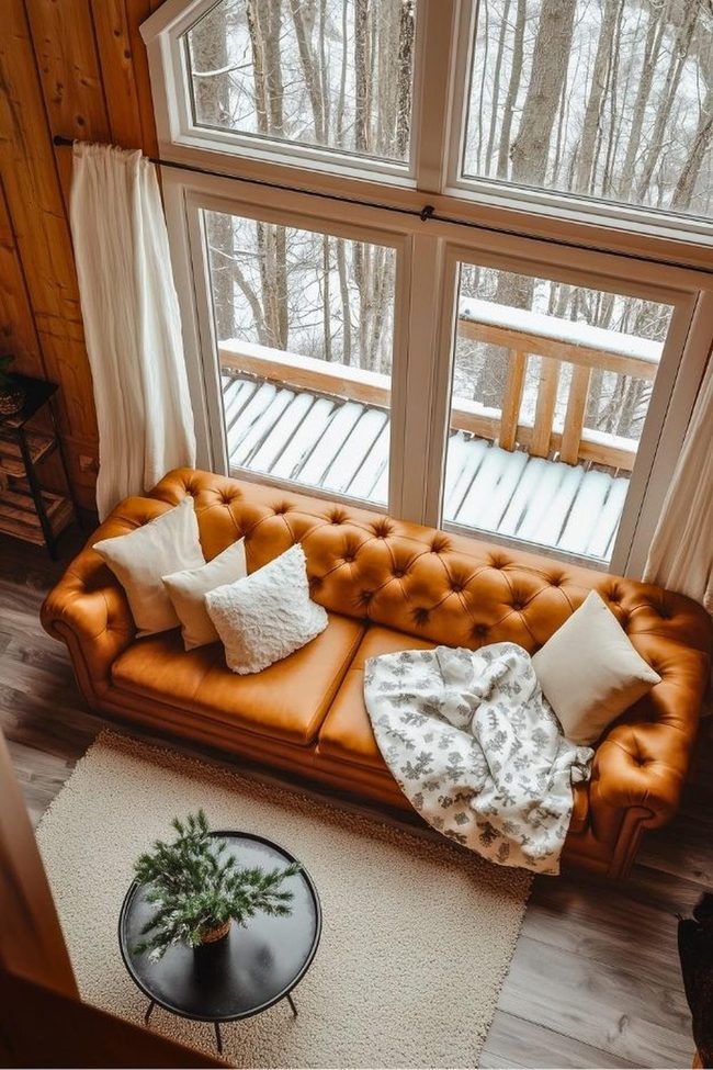 Rustic Timber Walls, Caramel Leather, Winter Light