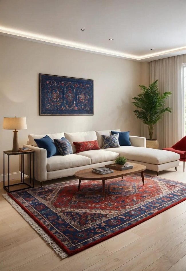 Persian Rug Anchors Neutral Living Spaces