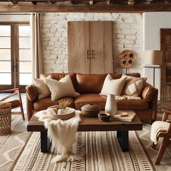 Cognac Sofa With Organic Rustic Timber Elements
