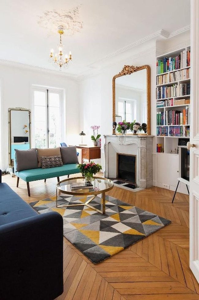 Gold Mirrors Brighten Geometric Living Space