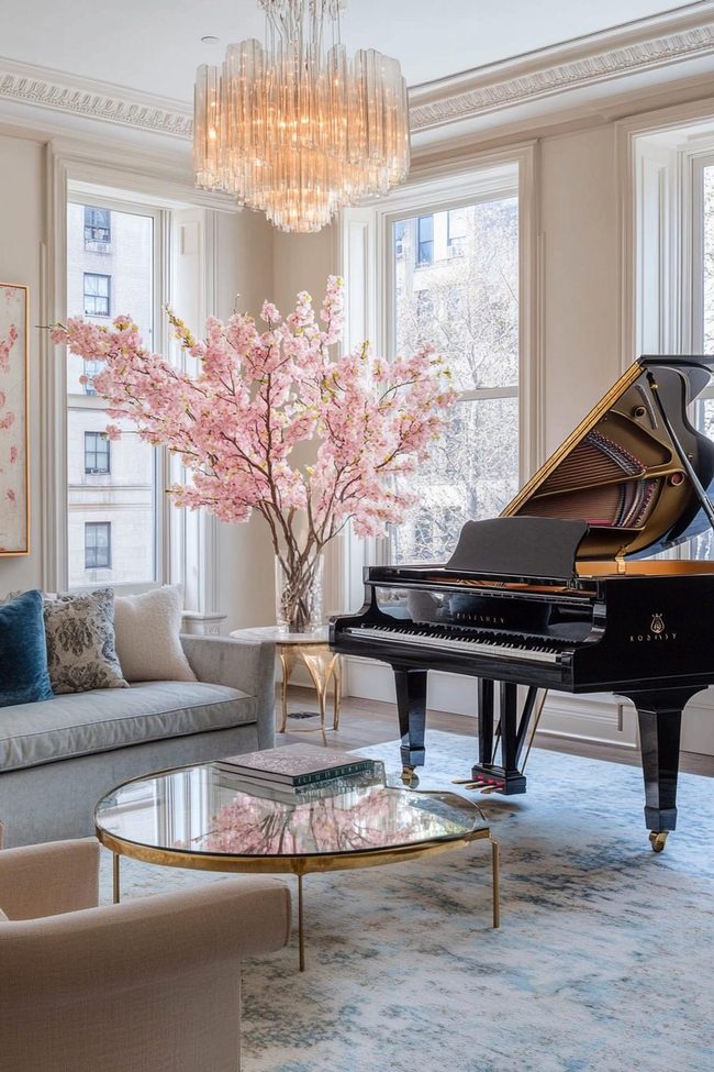 Black Grand Piano Central Living Room