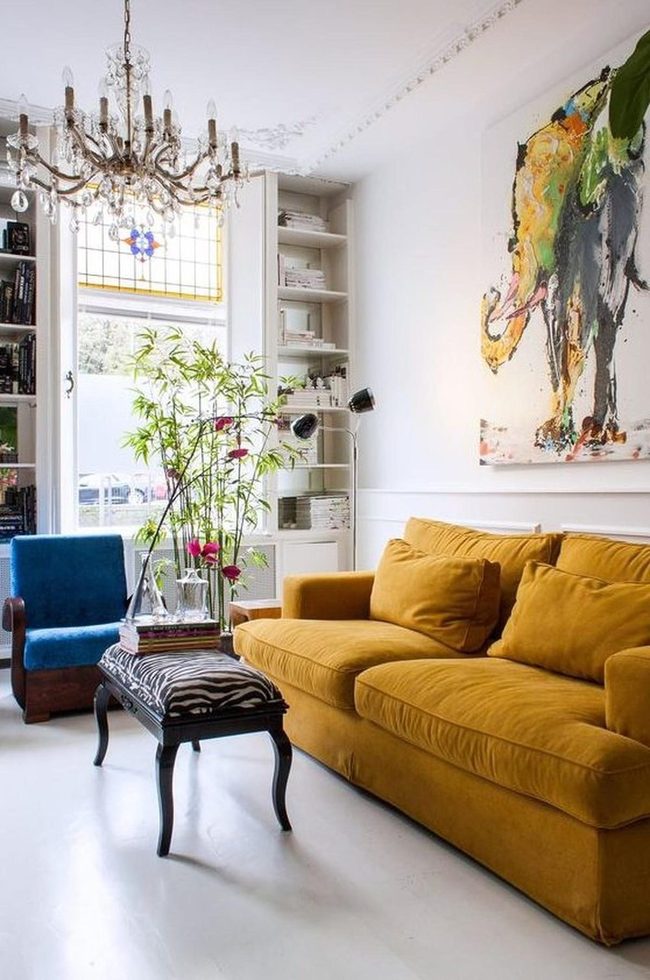 Mustard Sofa With Bold Elephant Art
