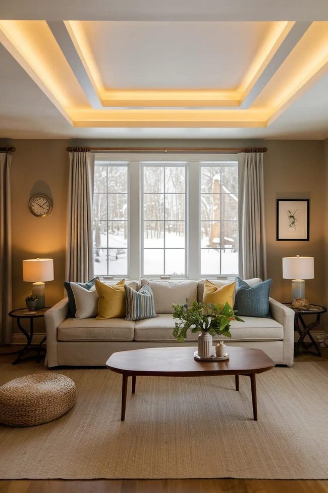 Yellow And Blue Cushions Frame Snowy Window