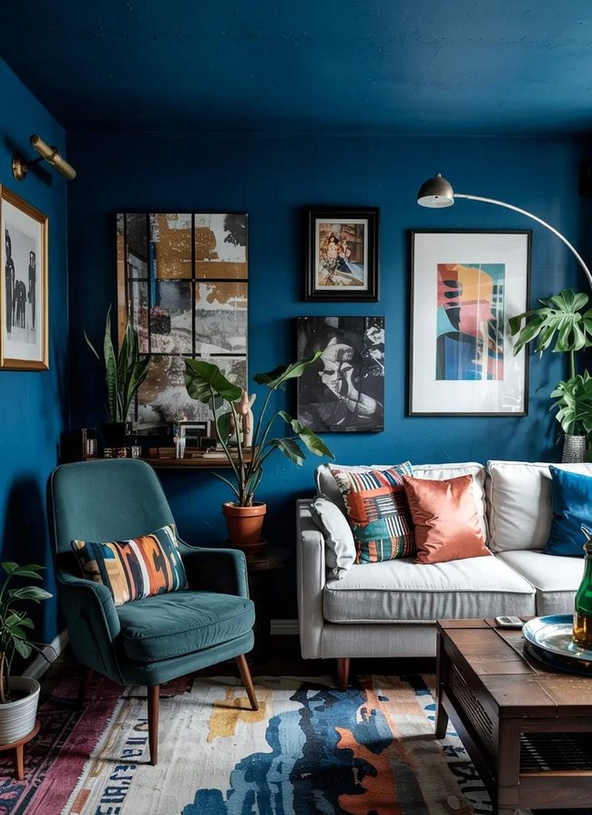 Deep Teal Sofa Meets Eclectic Art